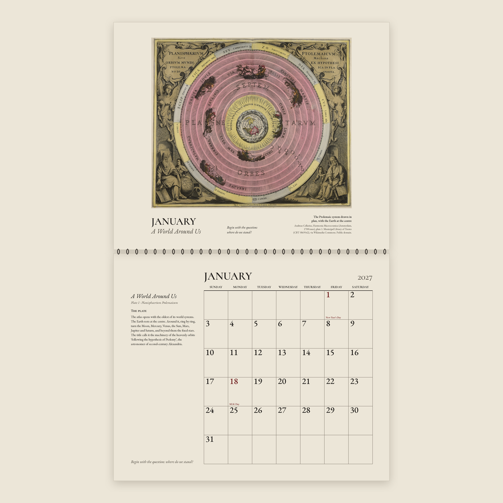 January spread of the 2027 Cellarius wall calendar: the Ptolemaic system drawn in plan, with the Earth at the centre, above the January 2027 date grid