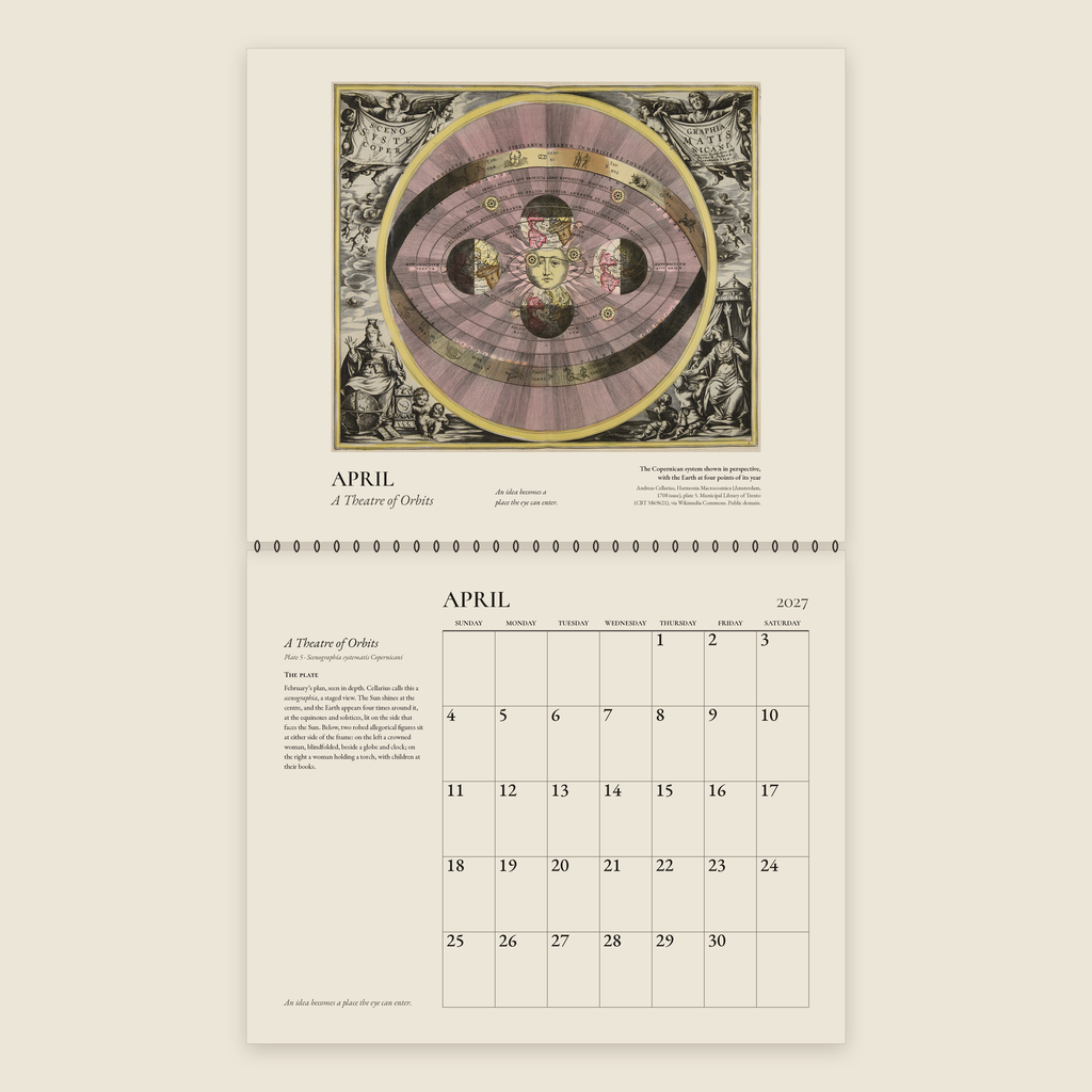 April spread of the 2027 Cellarius wall calendar: the Copernican system shown in perspective, with the Earth at four points of its year, above the April 2027 date grid