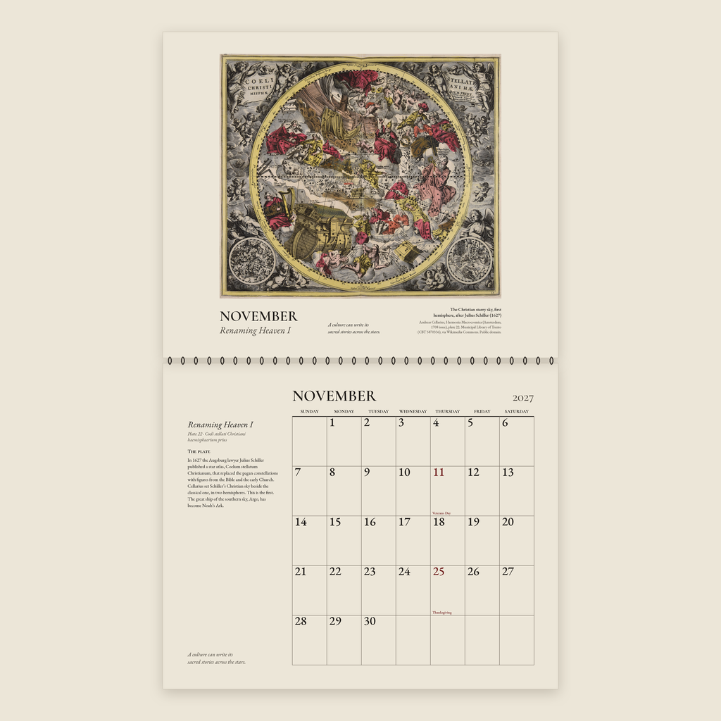 November spread of the 2027 Cellarius wall calendar: the Christian starry sky after Julius Schiller, first hemisphere, above the November 2027 date grid