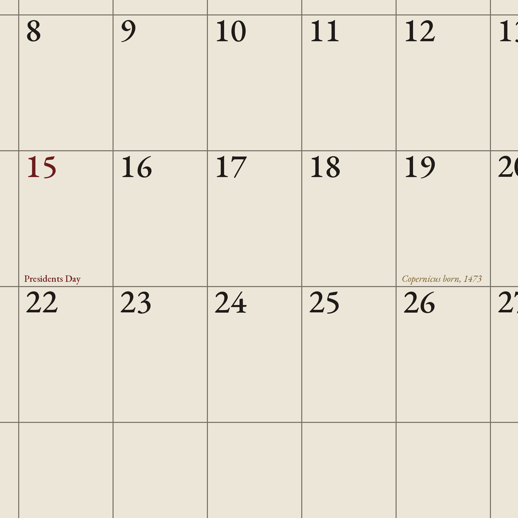 Close-up of the February 2027 grid page, showing writable date boxes, Presidents Day in red and the birthday of Copernicus, 1473, in gold