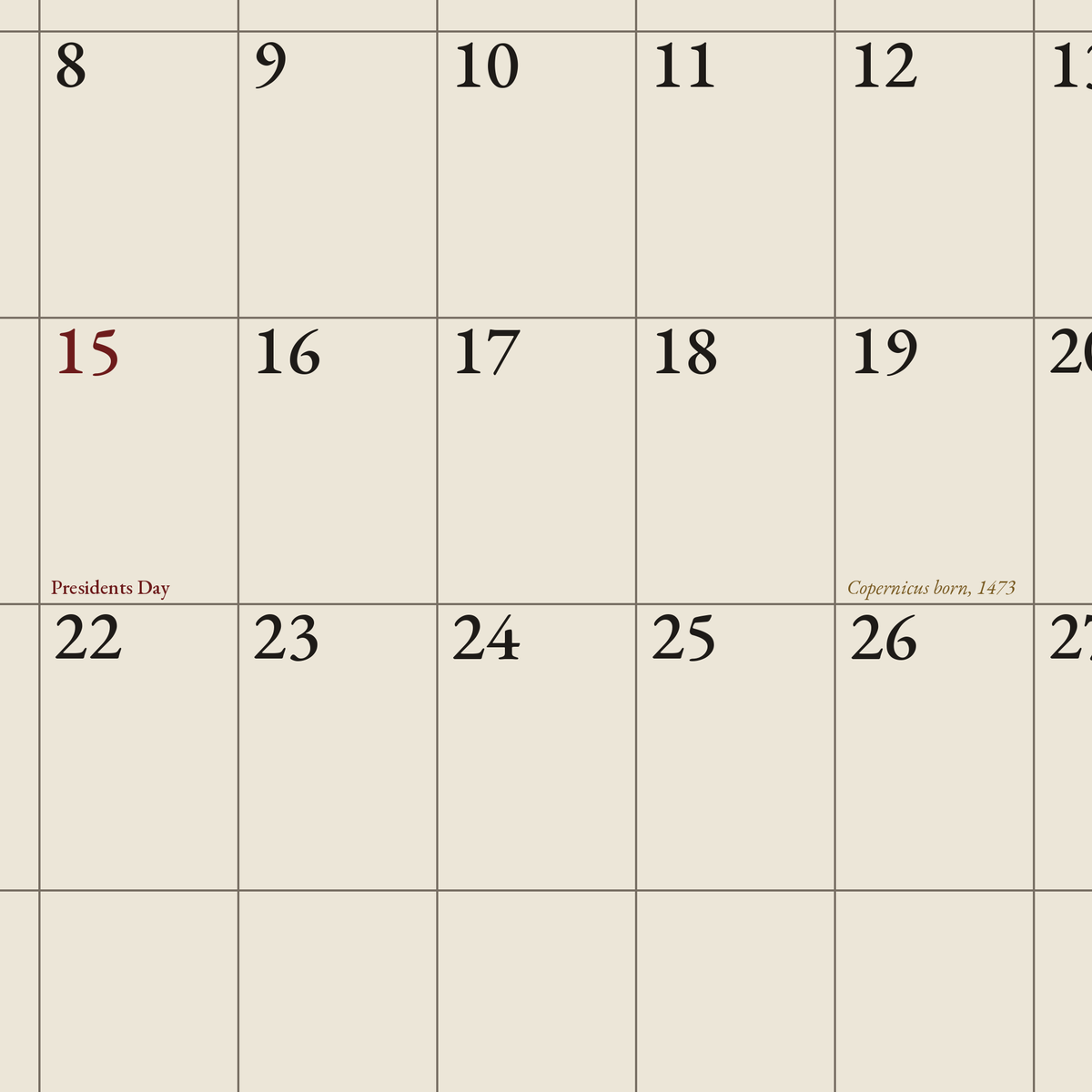 Close-up of the February 2027 grid page, showing writable date boxes, Presidents Day in red and the birthday of Copernicus, 1473, in gold