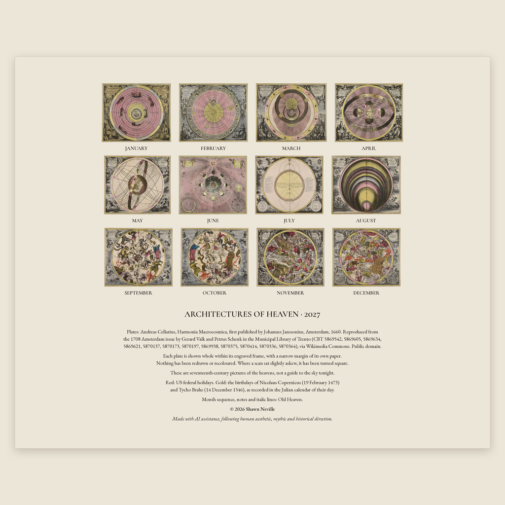 Back cover of the 2027 Cellarius wall calendar, with thumbnails of all twelve monthly plates and the plate credits