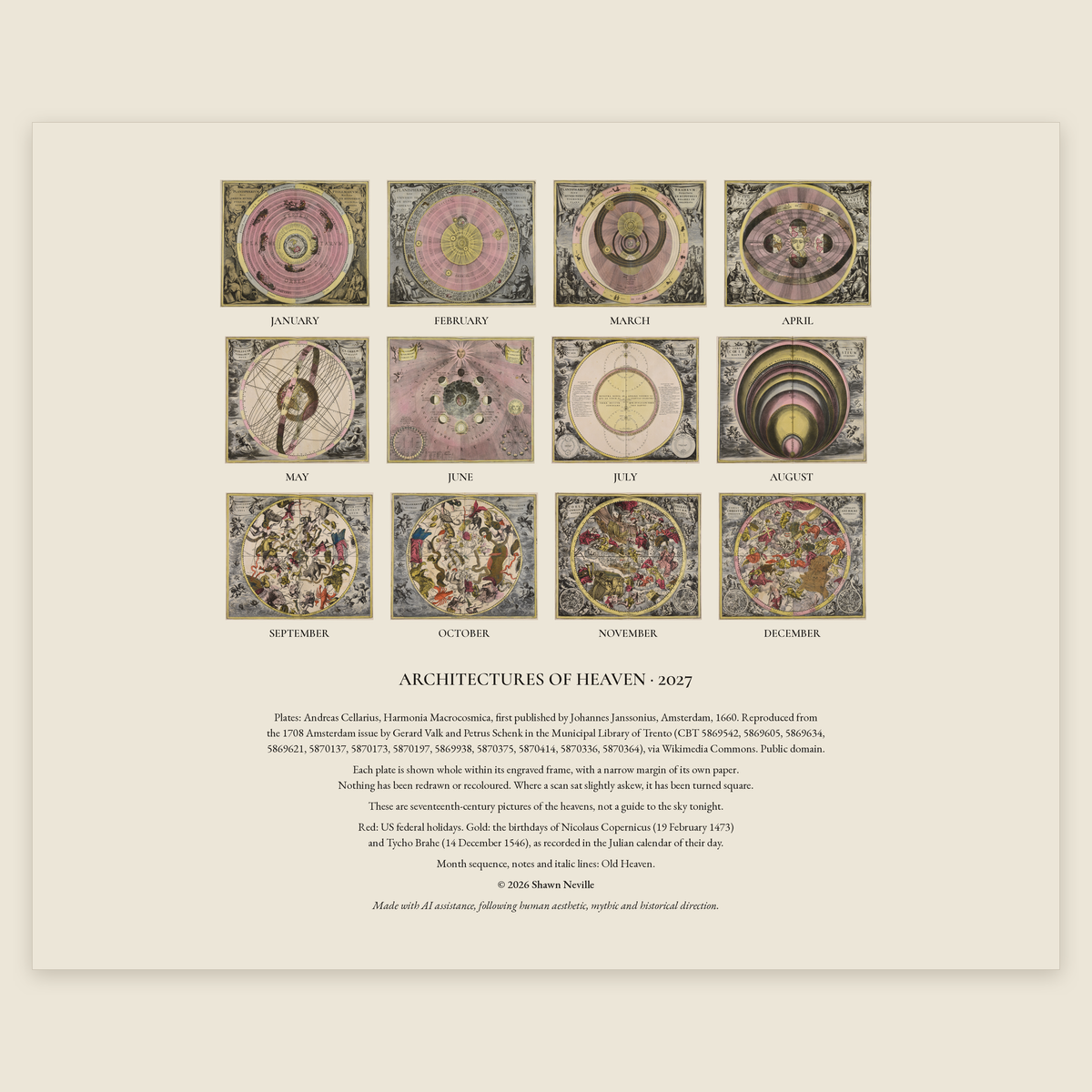 Back cover of the 2027 Cellarius wall calendar, with thumbnails of all twelve monthly plates and the plate credits