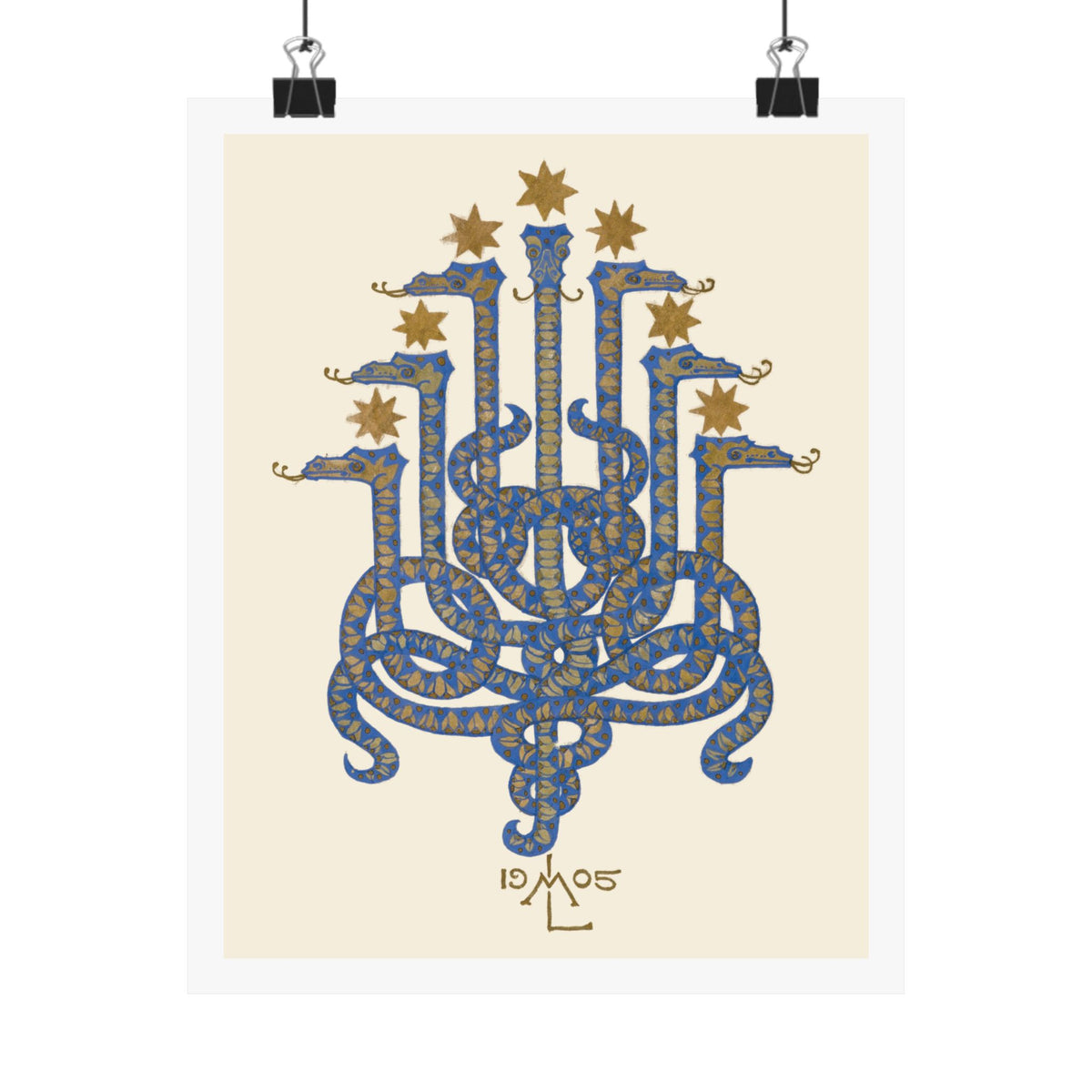 Herodias serpent art print held by two black clips: seven cobalt serpent heads beneath ochre stars on an ivory panel with a slim white border, Lechter’s 19 ML 05 monogram below.