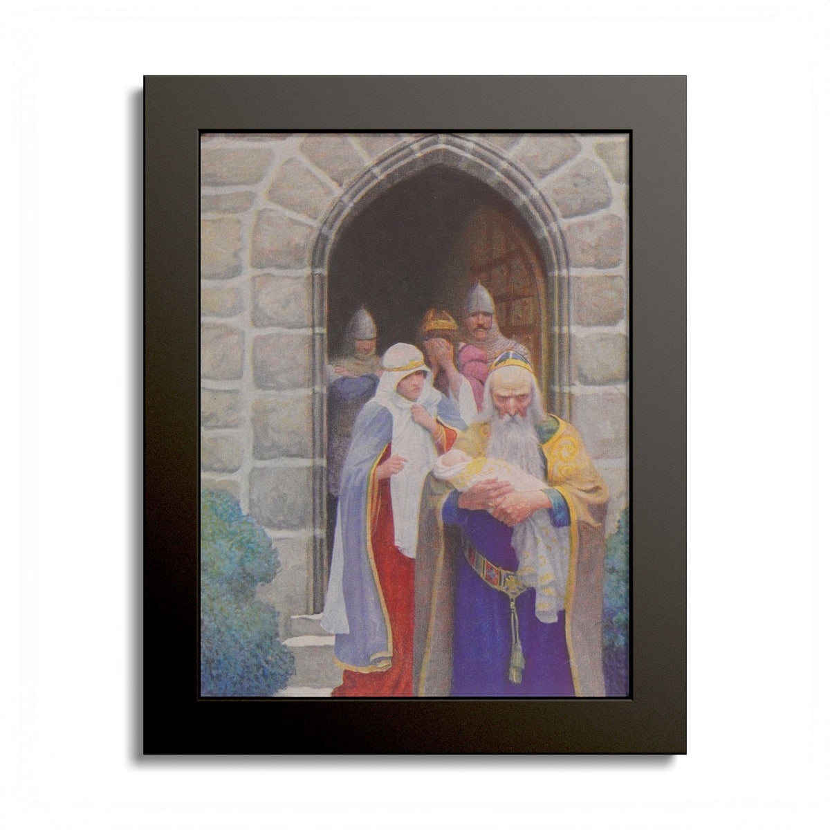 The Child Delivered to Merlin by N. C. Wyeth, 1917, King Arthur illustration as an 8 x 10 in framed print in a black wood frame