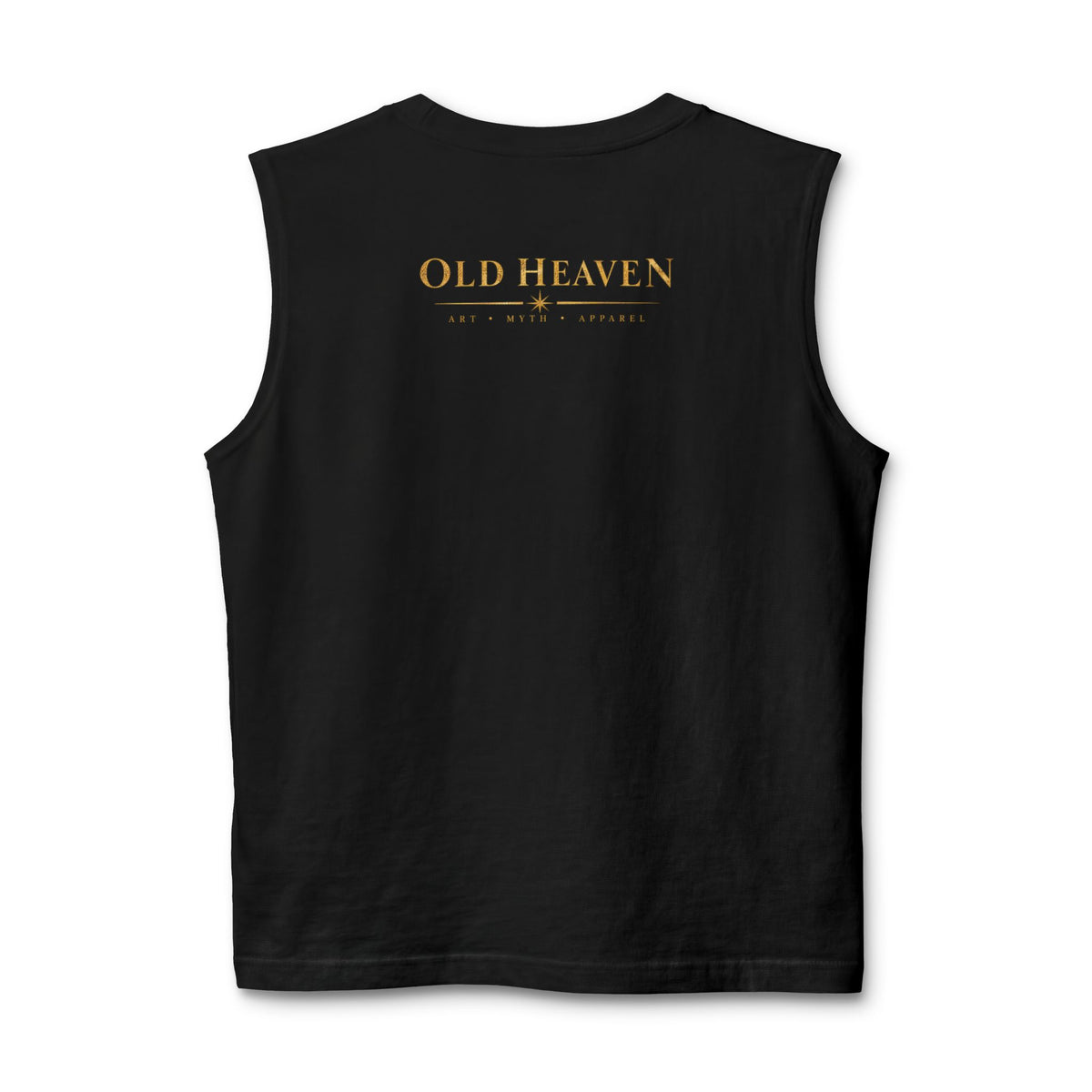 Back of black Old Heaven No. 001 sleeveless muscle tee with gold wordmark, eight-point star and Art Myth Apparel text.