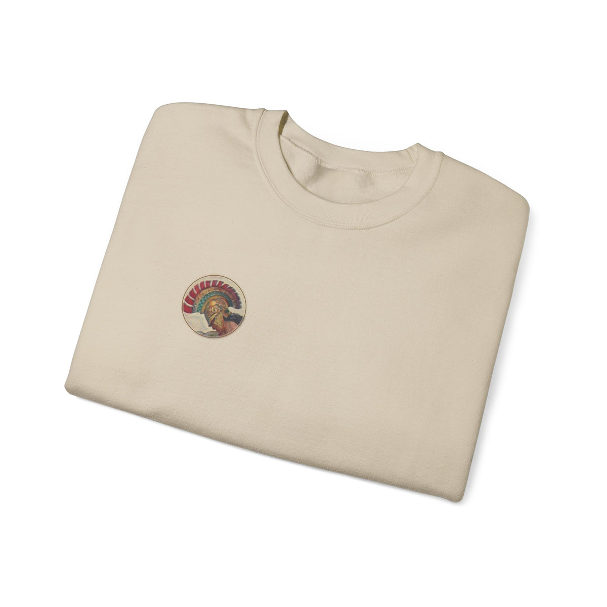 Folded Sand Athena Vintage sweatshirt showing circular Athene chest print; N. C. Wyeth, 1929, from Homer's Odyssey (public domain); Old Heaven.