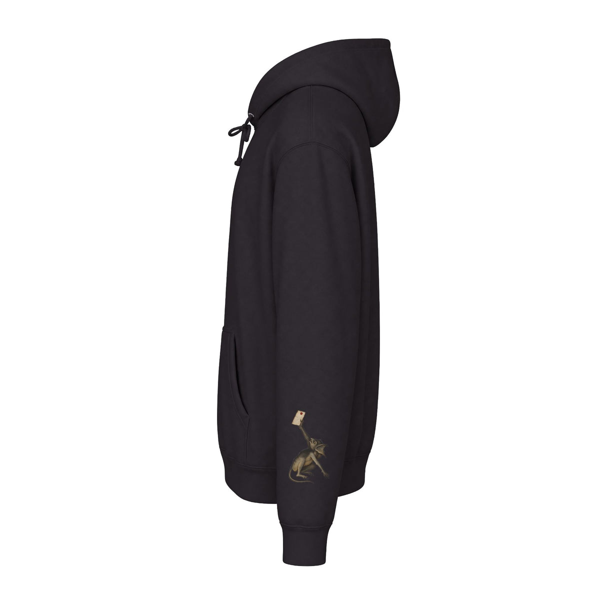 Left-sleeve view of black Death and the Miser hoodie with a crouching paper-bearing creature on the outer sleeve.