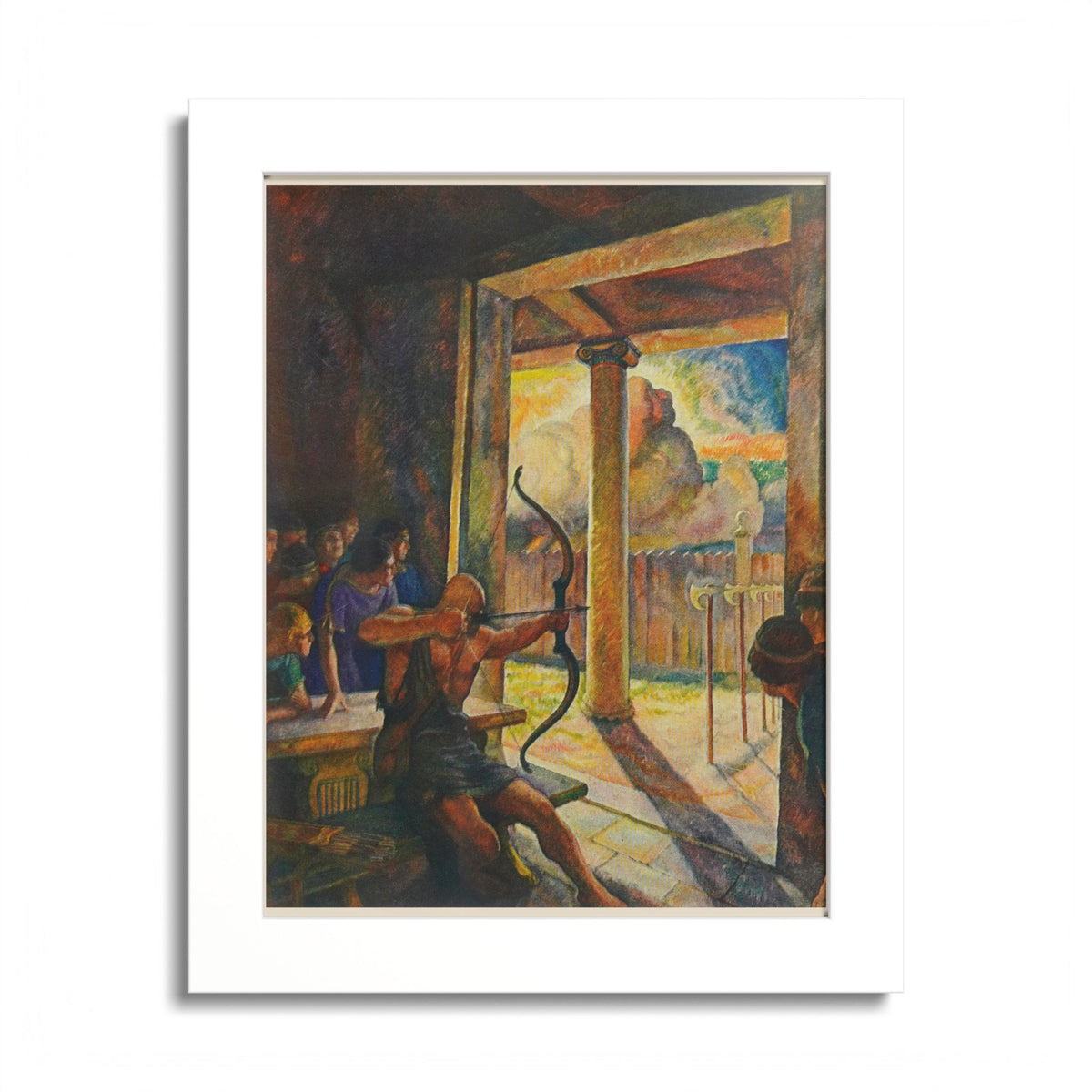 The Trial of the Bow by N. C. Wyeth, 1929, Odyssey illustration as an 8 x 10 in framed print in a white wood frame
