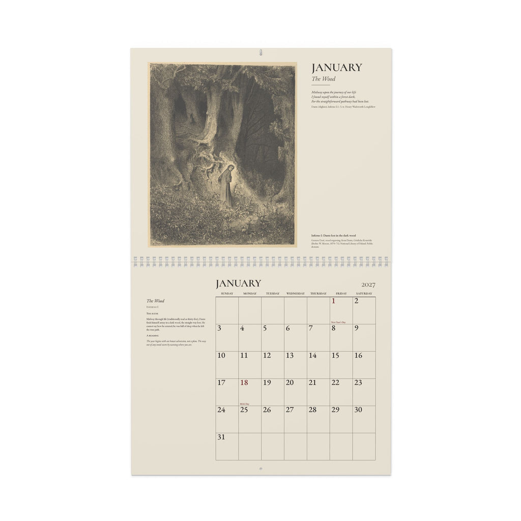 Mockup: the 2027 Doré wall calendar open at January, Doré’s engraving of Dante in the dark wood above the January grid, on a white background