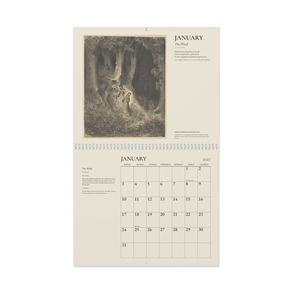 Mockup: the 2027 Doré wall calendar open at January, Doré’s engraving of Dante in the dark wood above the January grid, on a white background