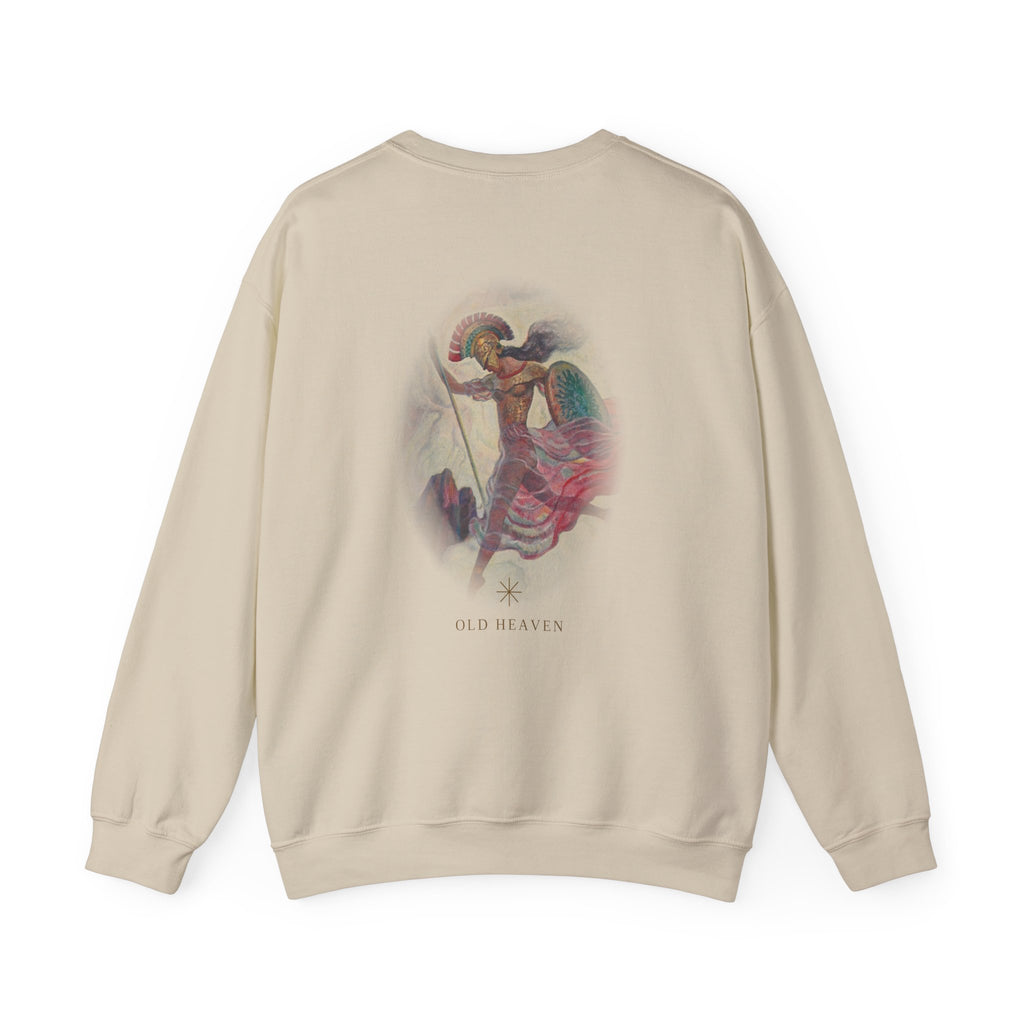 Back of Sand Athena Vintage sweatshirt with large soft Athene print by N. C. Wyeth, 1929, from Homer's Odyssey (public domain); Old Heaven.