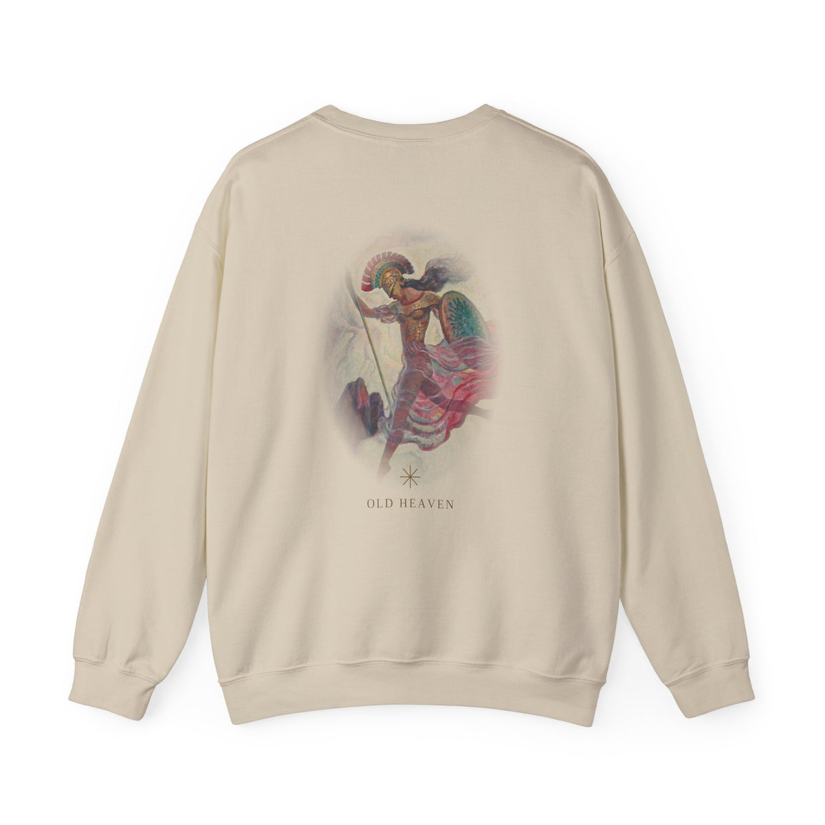 Back of Sand Athena Vintage sweatshirt with large soft Athene print by N. C. Wyeth, 1929, from Homer's Odyssey (public domain); Old Heaven.