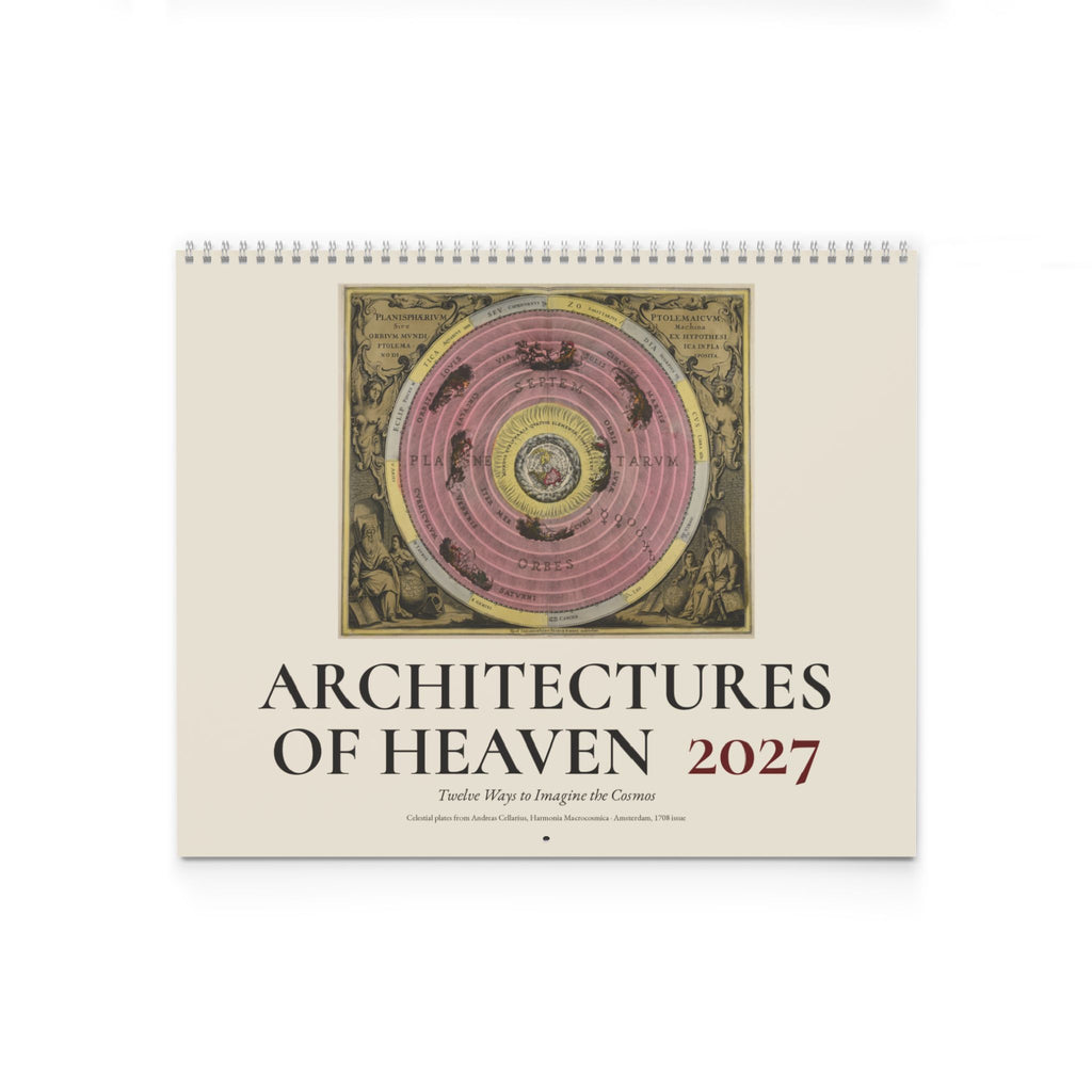 Mockup: front cover of the 2027 Cellarius wall calendar Architectures of Heaven, closed, on a white background