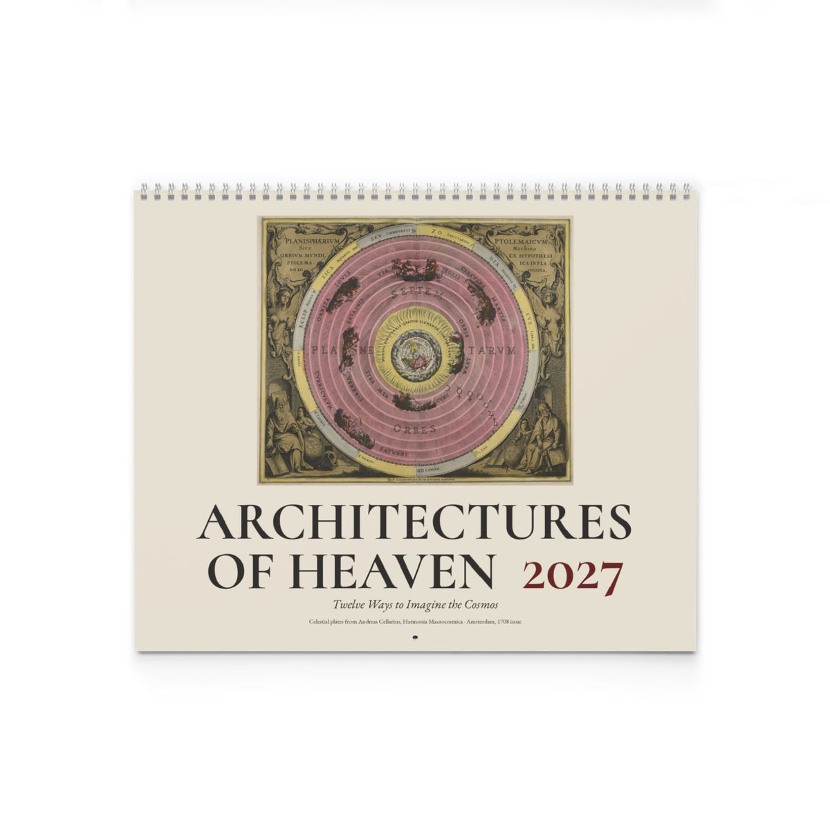 Mockup: front cover of the 2027 Cellarius wall calendar Architectures of Heaven, closed, on a white background