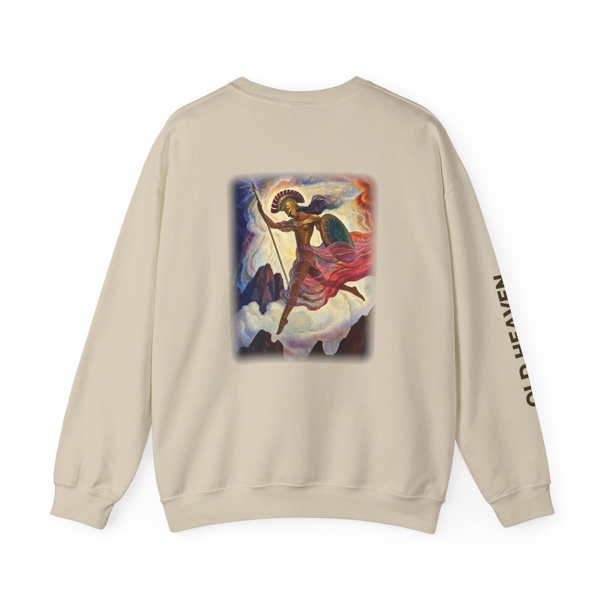 Back of Sand Athena Unconquered sweatshirt.