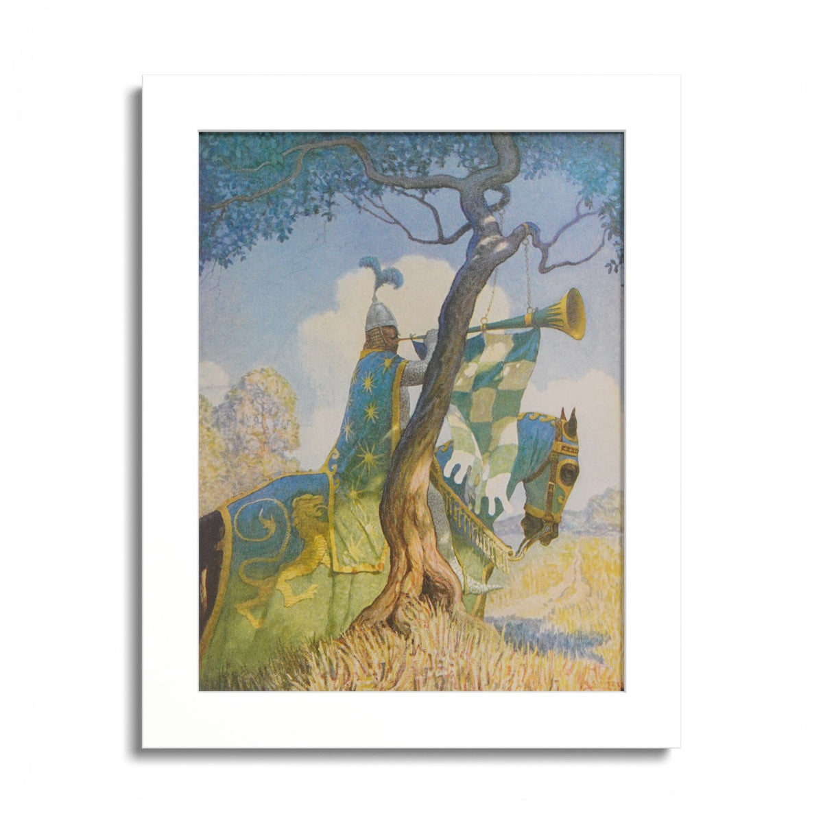 Three Deadly Notes by N. C. Wyeth, 1917, King Arthur illustration as an 8 x 10 in framed print in a white wood frame