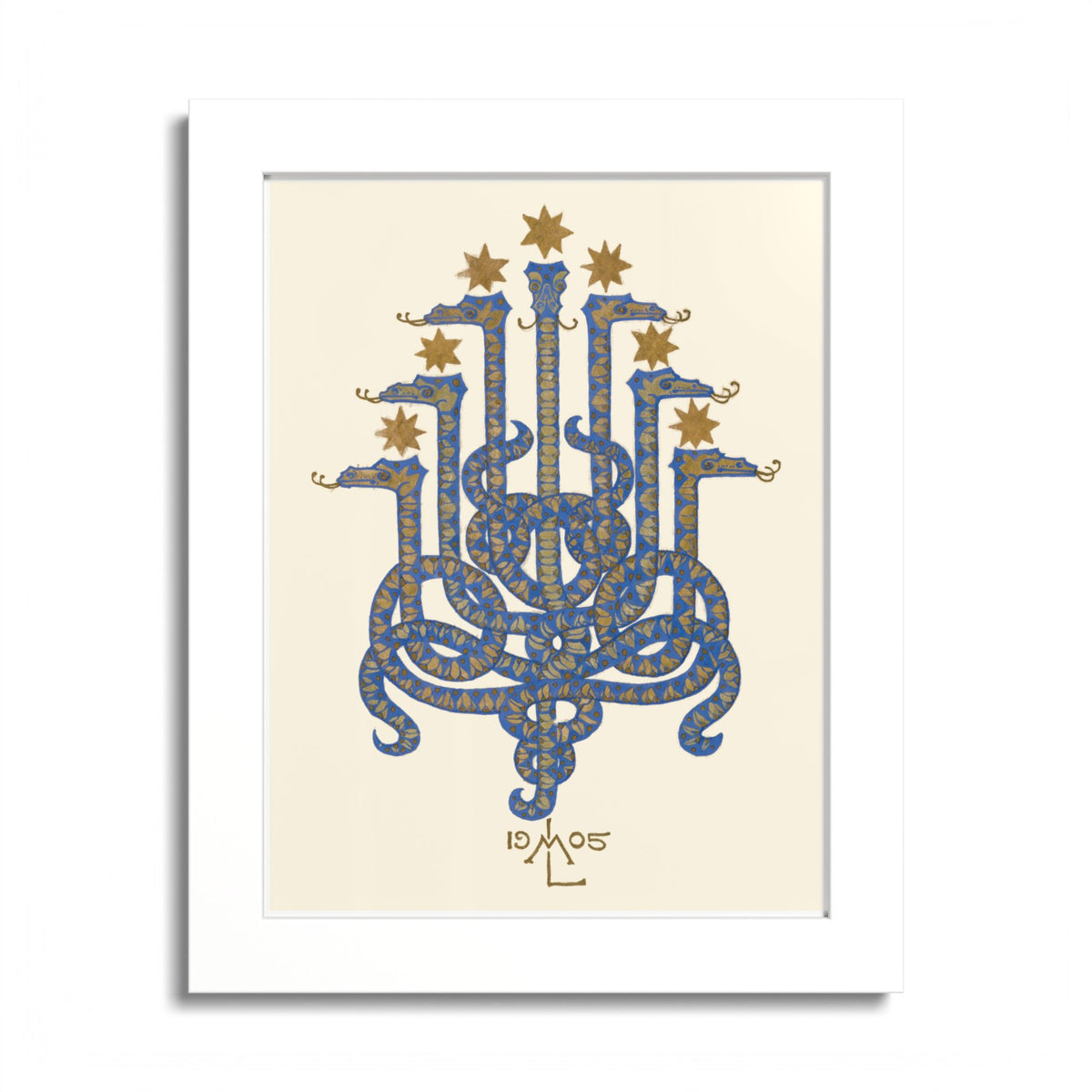 Herodias serpent art print in a white frame: seven cobalt heads and ochre stars on ivory.