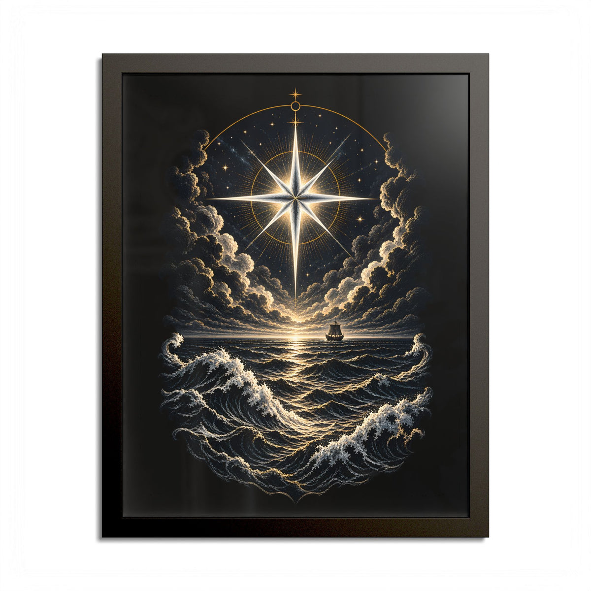 Black-framed print of a bright eight-pointed star above a dark, wave-tossed sea, with a small sailing ship on the horizon, gold and silver line work on black.
