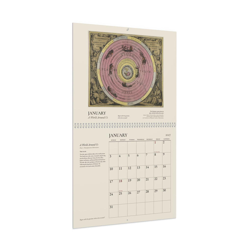 Mockup: the 2027 Cellarius wall calendar open at January, seen at an angle, on a white background