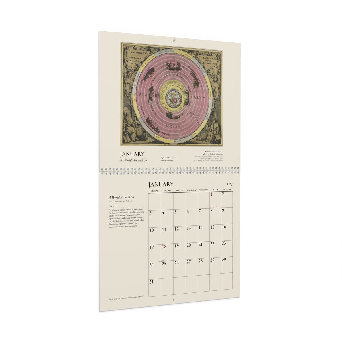 Mockup: the 2027 Cellarius wall calendar open at January, seen at an angle, on a white background