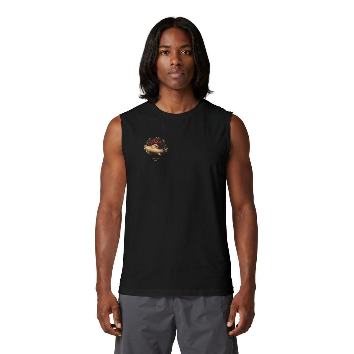 Model wearing black Old Heaven No. 001 sleeveless muscle tee, front view with the small portrait on the right chest.