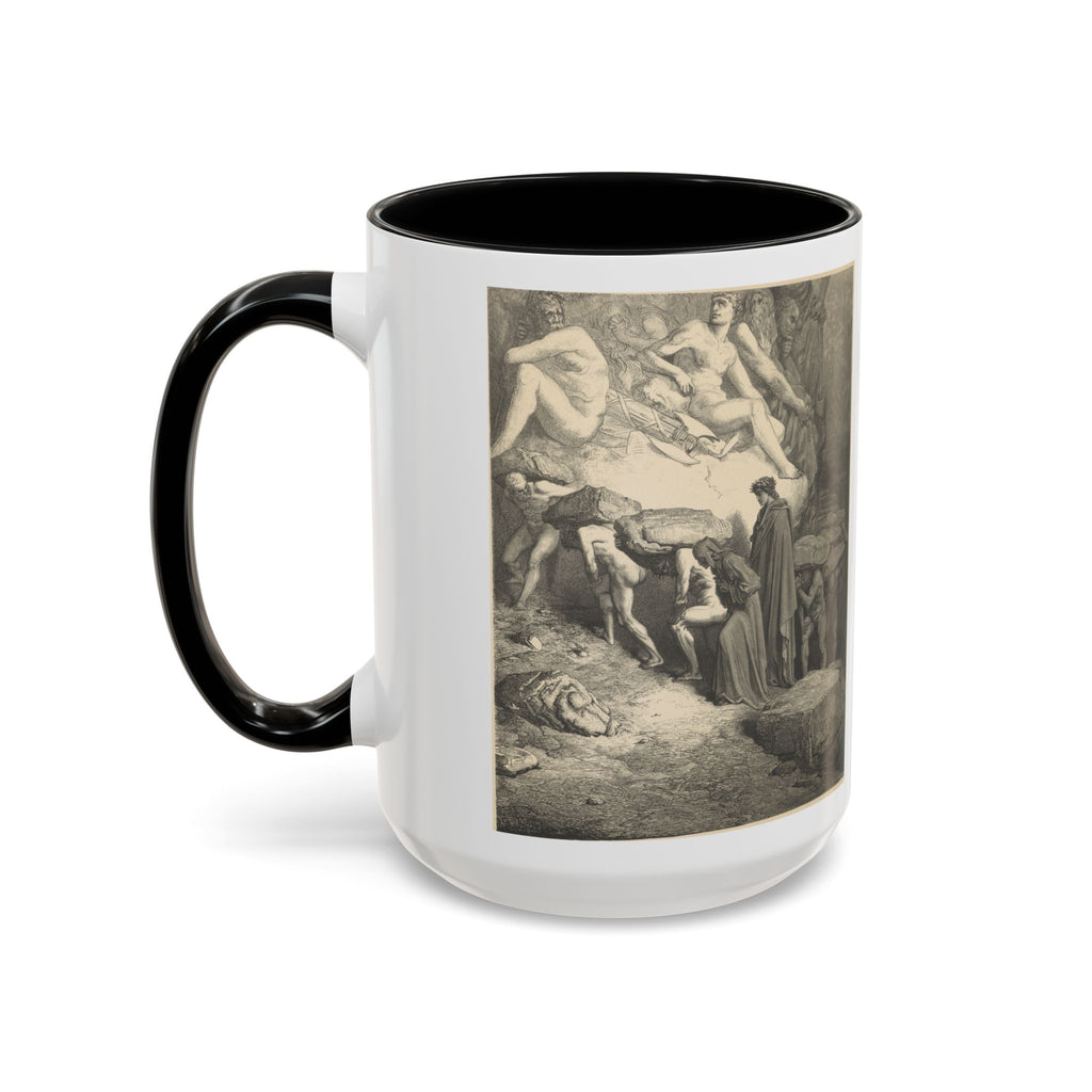 The Weight of Pride mug showing Gustave Doré's engraving of the proud bearing stones on the terrace of pride, Purgatorio XII.