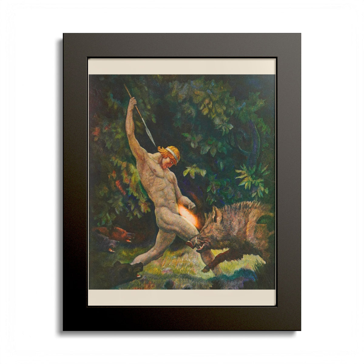 The Boar Hunt by N. C. Wyeth, 1929, Odyssey illustration as an 8 x 10 in framed print in a black wood frame