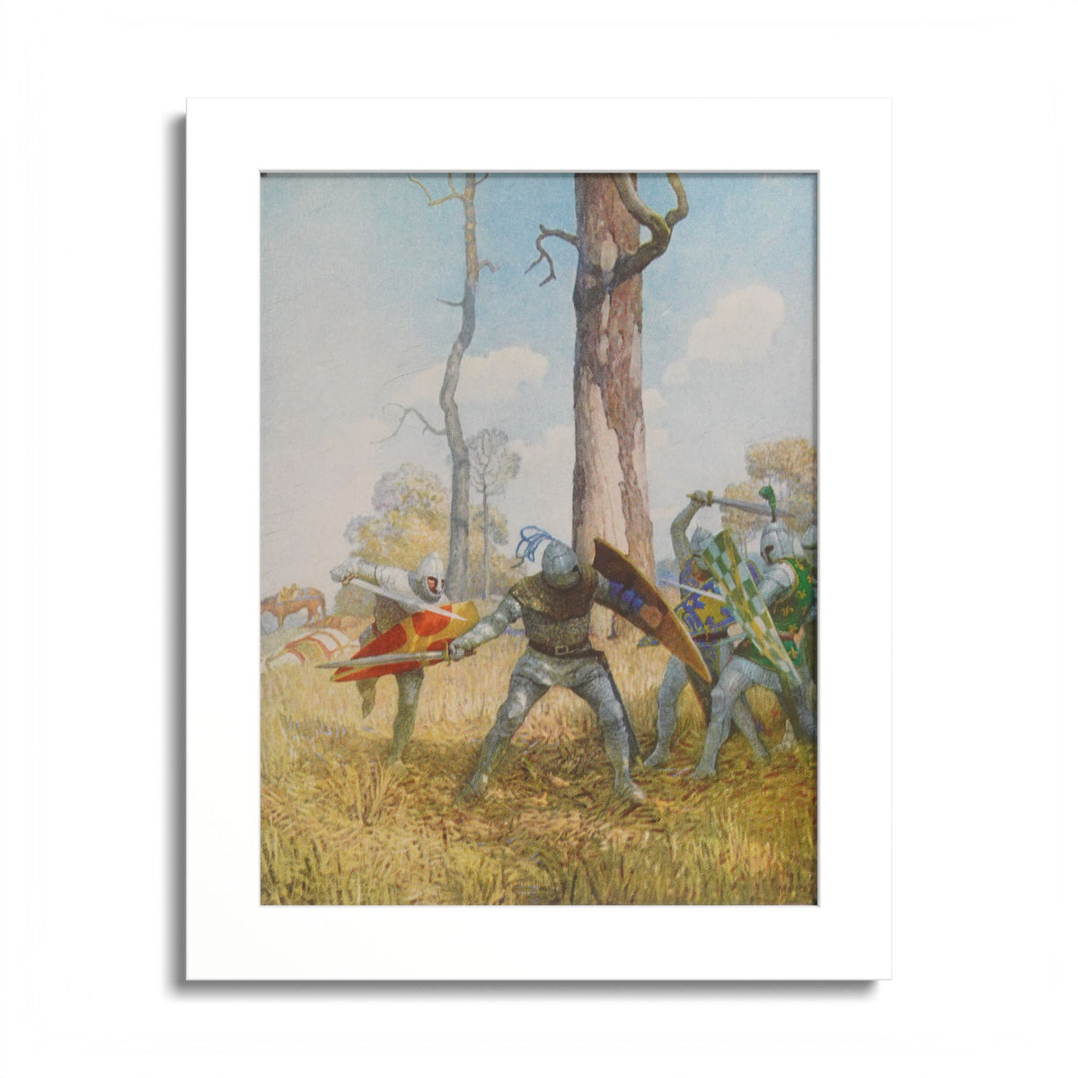 Three Hours, Before Him and Behind by N. C. Wyeth, 1917, King Arthur illustration as an 8 x 10 in framed print in a white wood frame