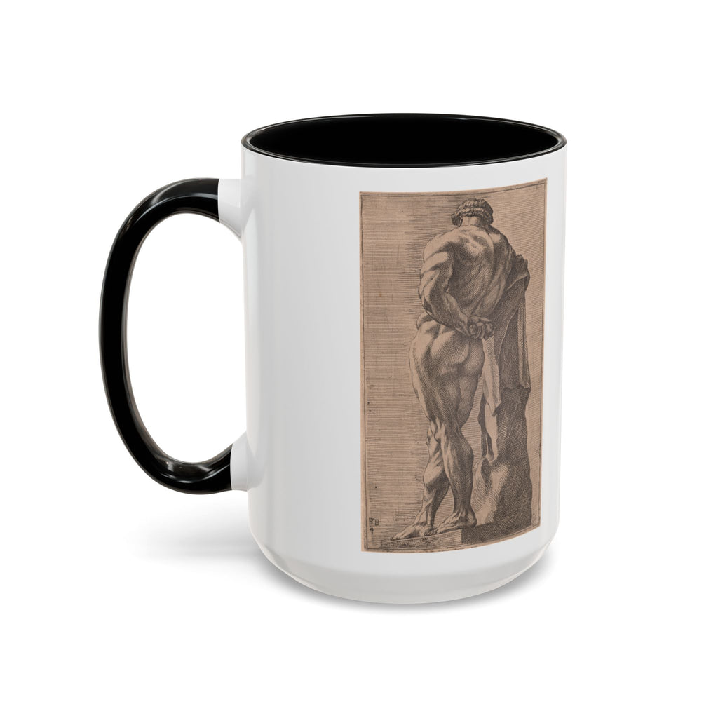 Hercules at Rest mug, other side, black handle on the left: the same Perrier etching of the Farnese Hercules