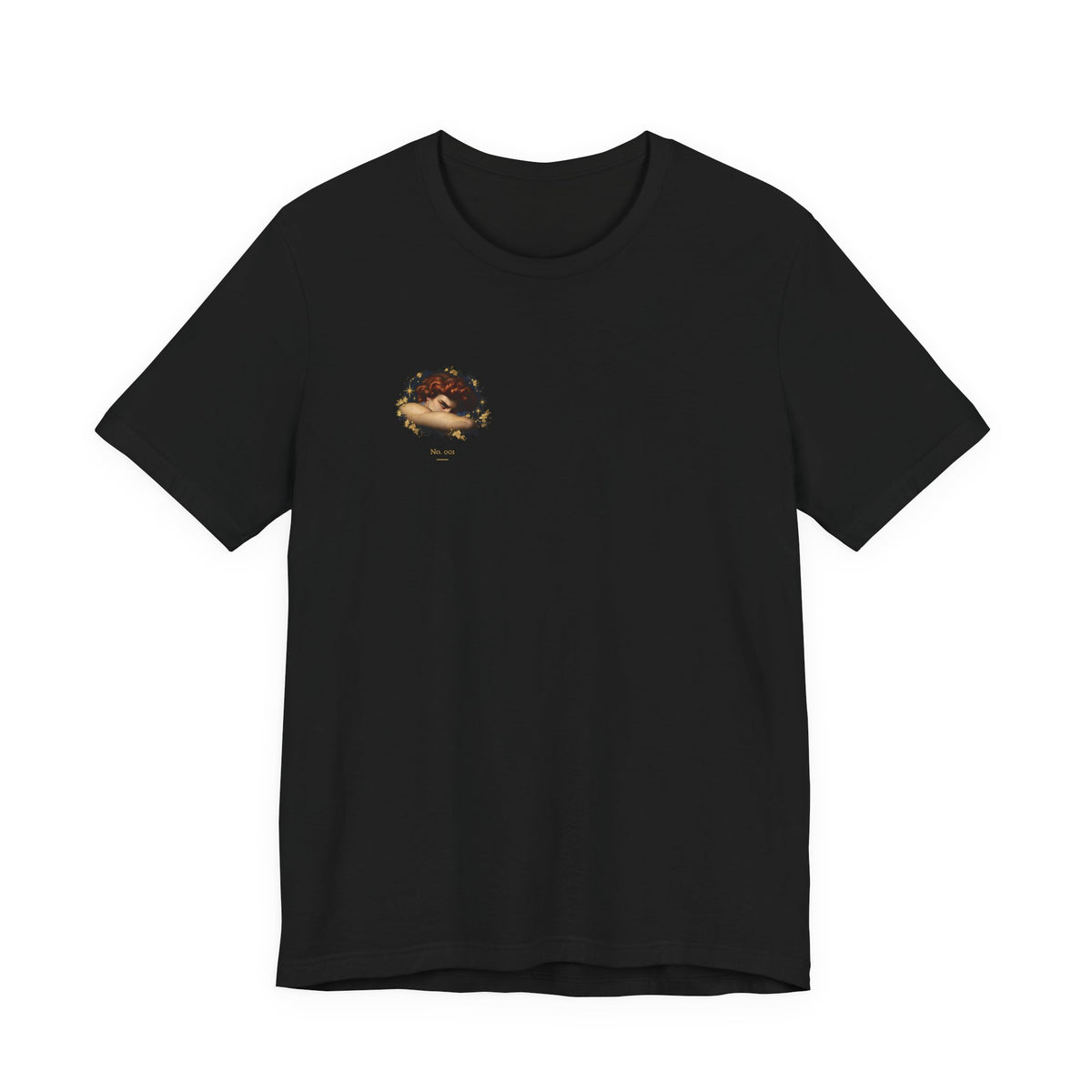 Front of black Old Heaven No. 001 T-shirt with a small auburn classical portrait and gold stars on the wearer's right chest.