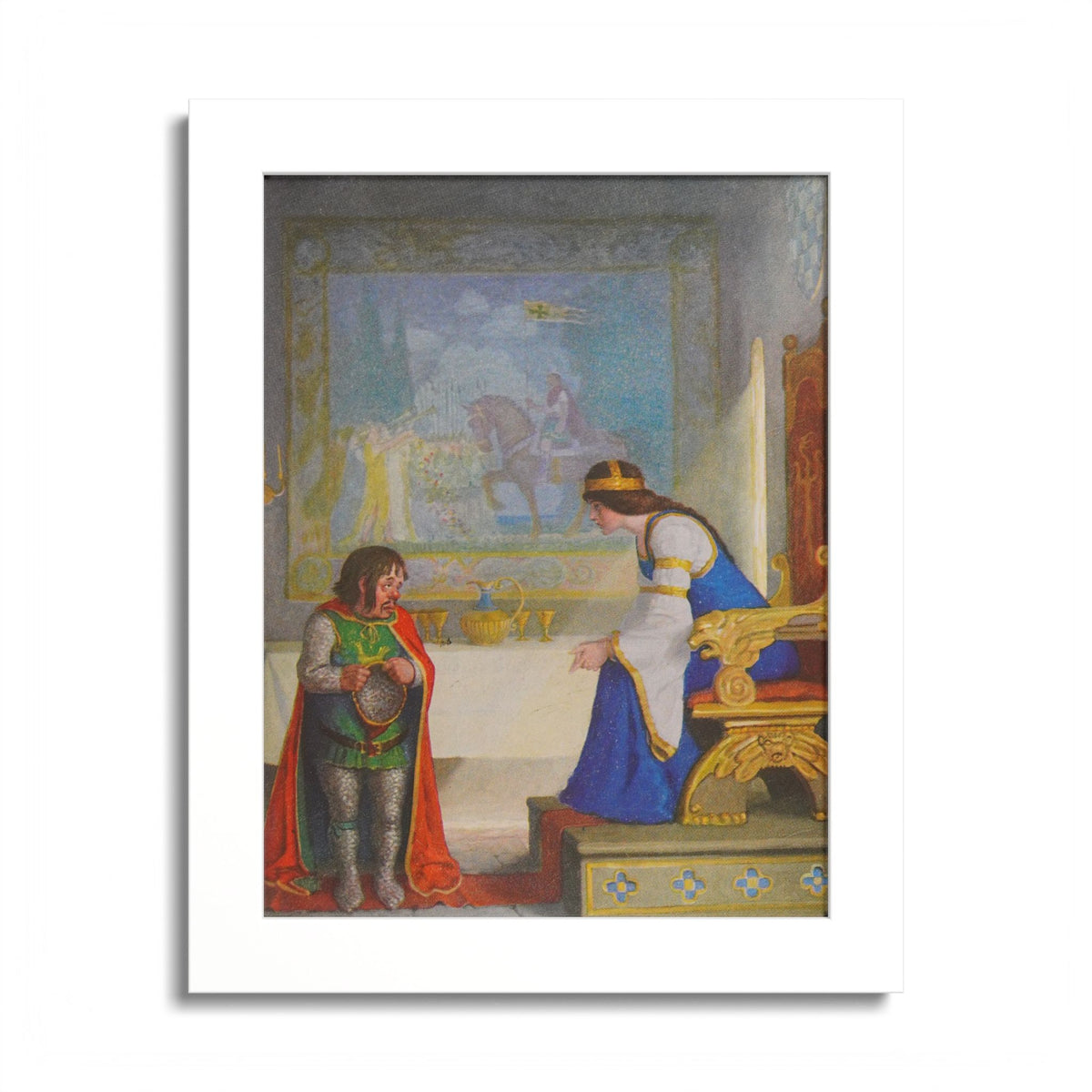The Lady Lyoness Examines the Dwarf by N. C. Wyeth, 1917, King Arthur illustration as an 8 x 10 in framed print in a white wood frame