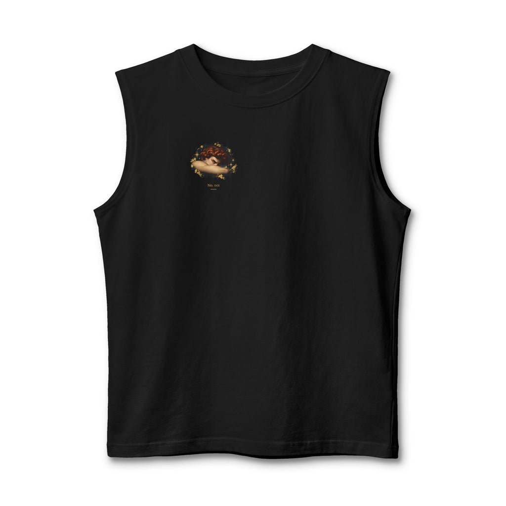 Front of black Old Heaven No. 001 sleeveless muscle tee with a small portrait and gold stars on the wearer's right chest.