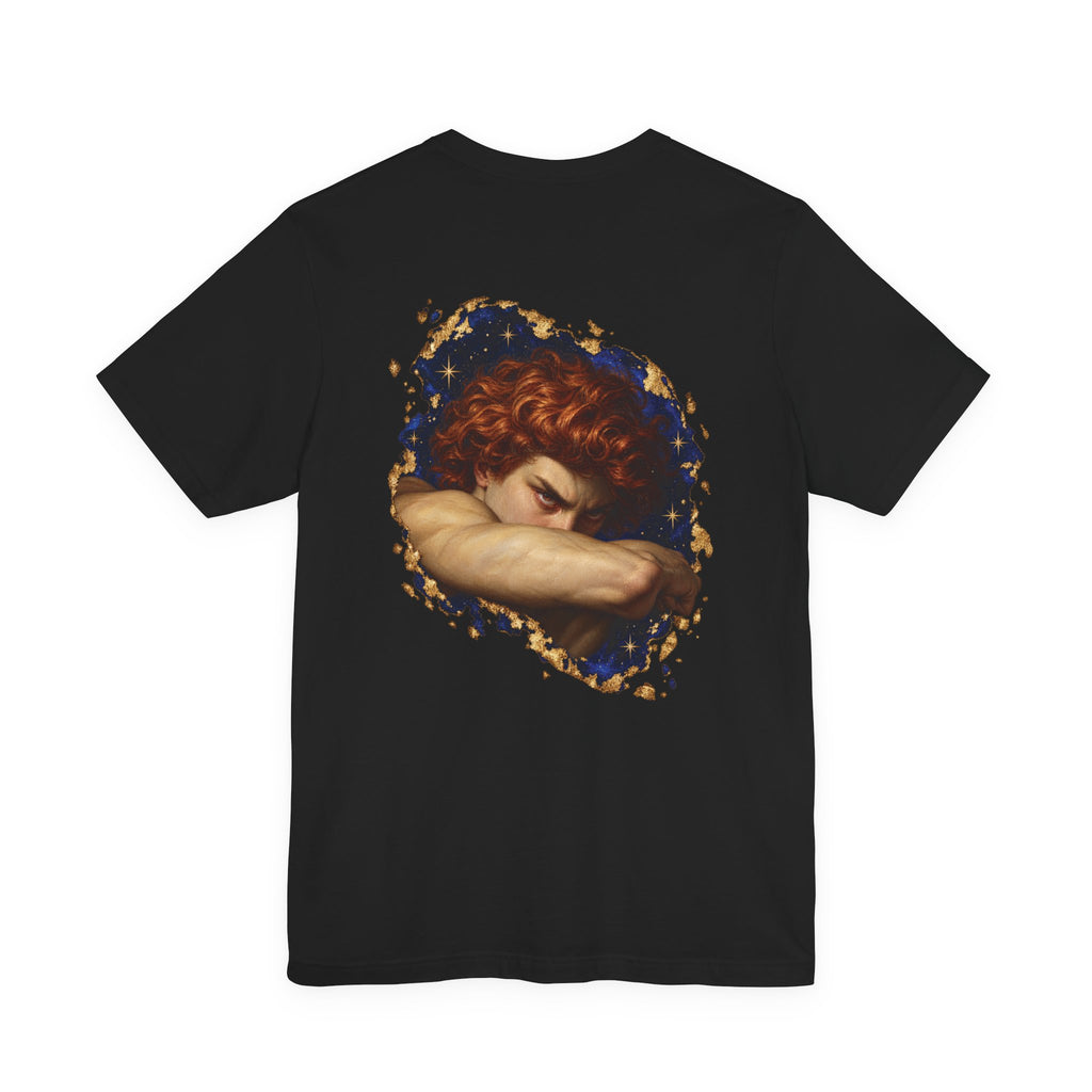 Back of black Old Heaven Cobalt Defiance T-shirt with a copper-haired classical portrait, cobalt stars and gold broken edges.
