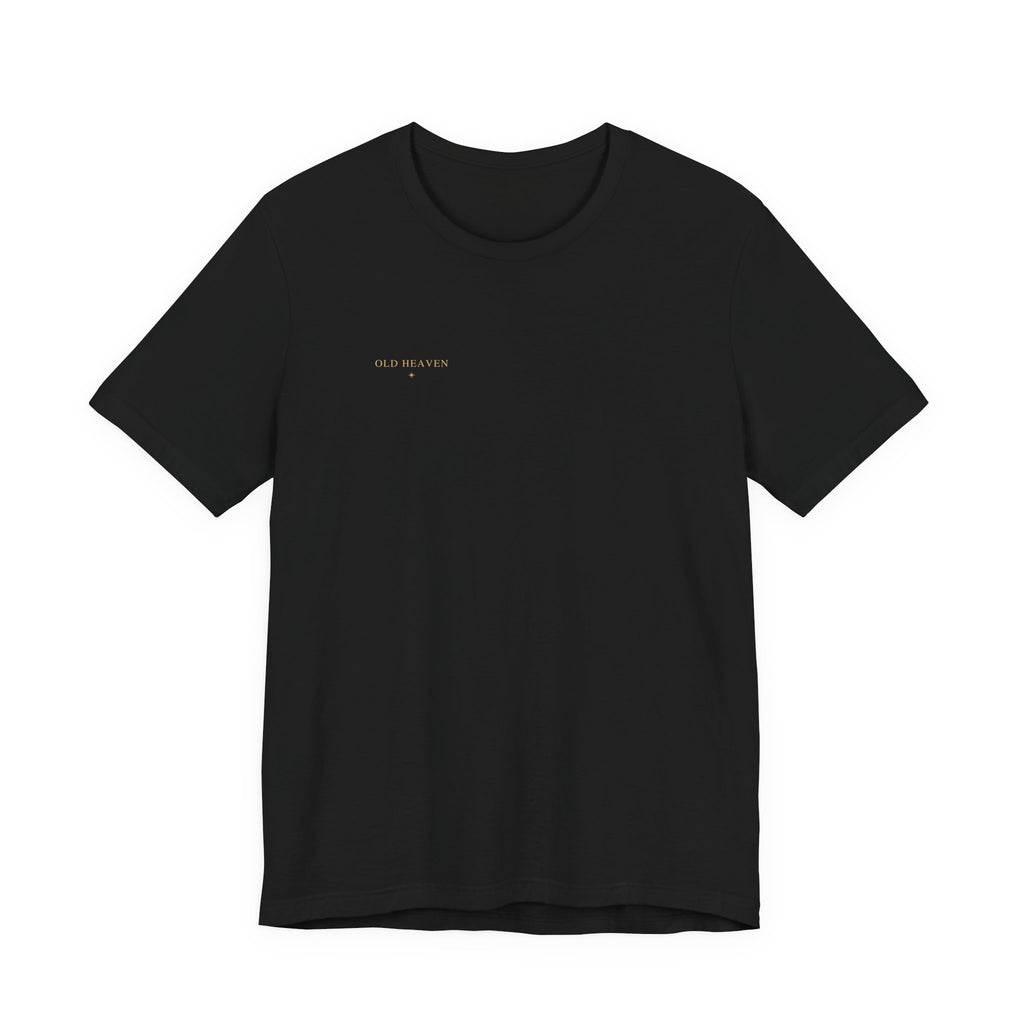 Front of black Old Heaven Cobalt Defiance T-shirt with a small gold wordmark and eight-point star on the right chest.
