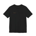 Front of black Old Heaven Cobalt Defiance T-shirt with a small gold wordmark and eight-point star on the right chest.