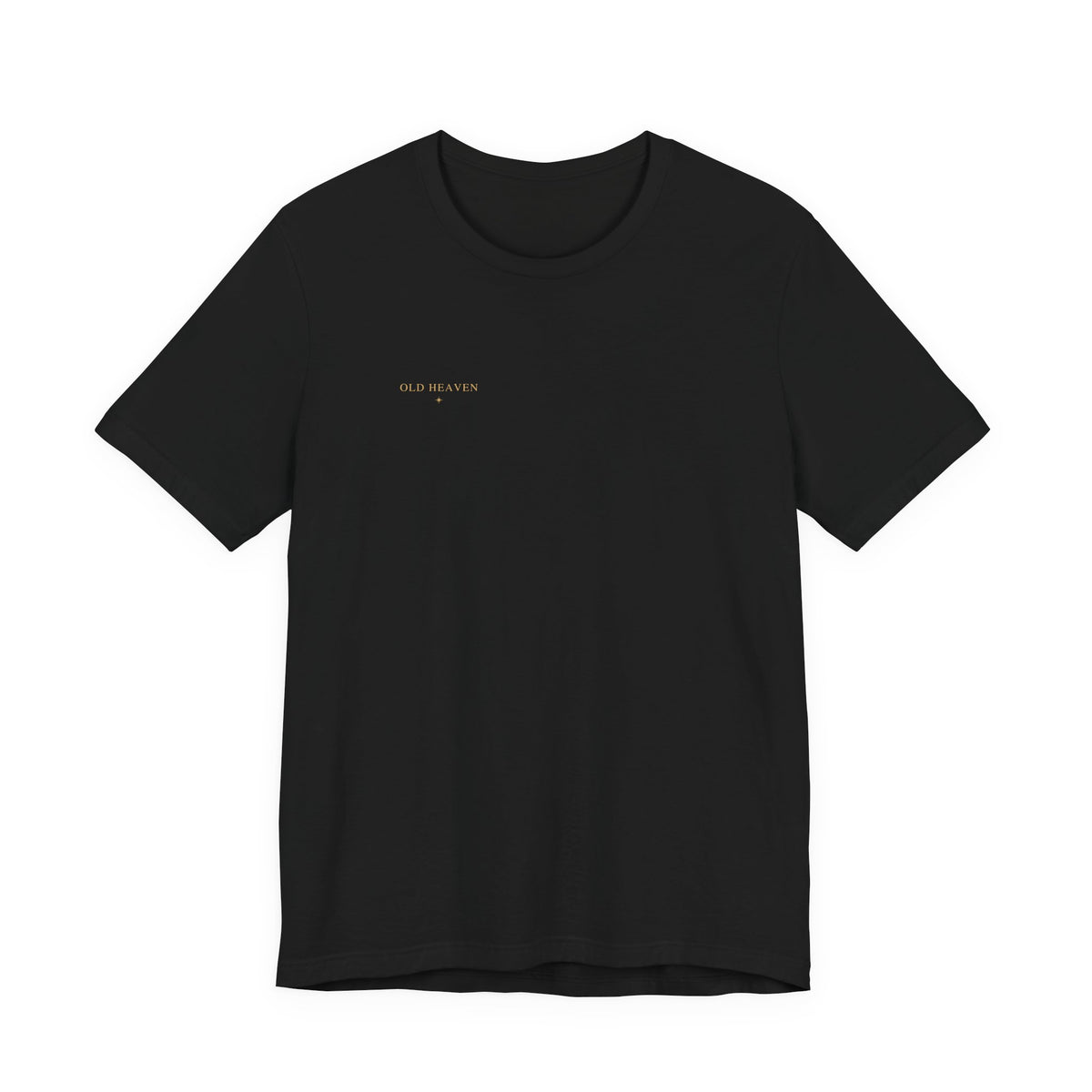 Front of black Old Heaven Cobalt Defiance T-shirt with a small gold wordmark and eight-point star on the right chest.