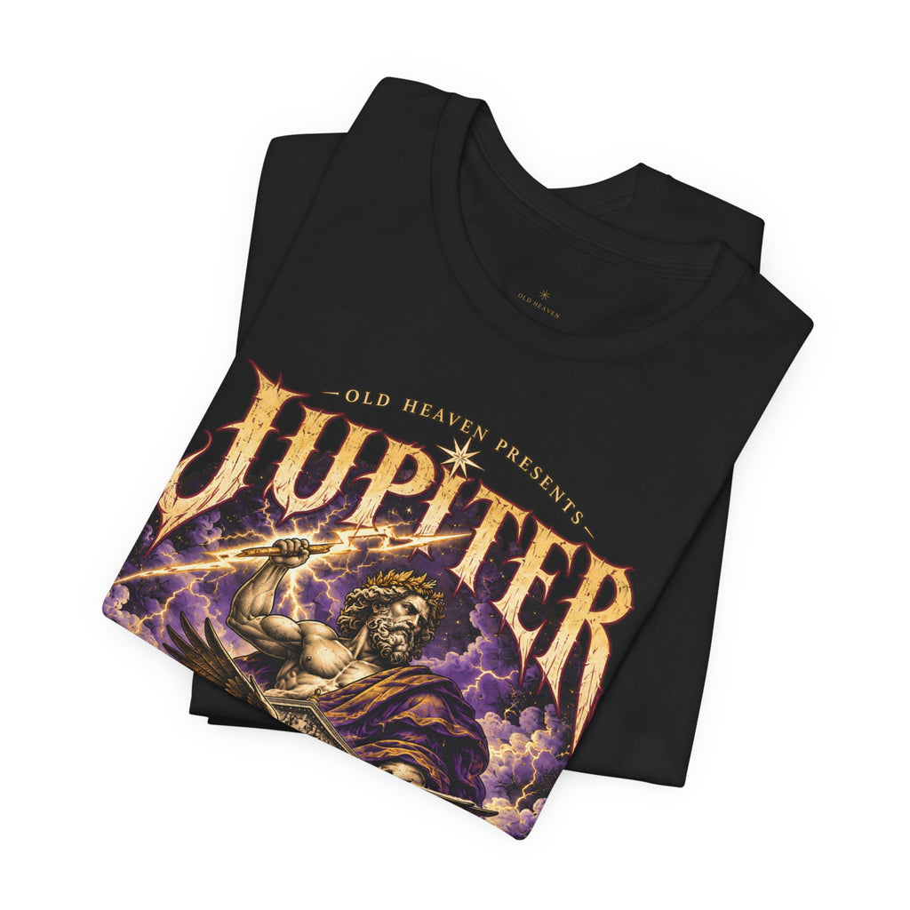 Folded black Jupiter concert T-shirt showing the front graphic.