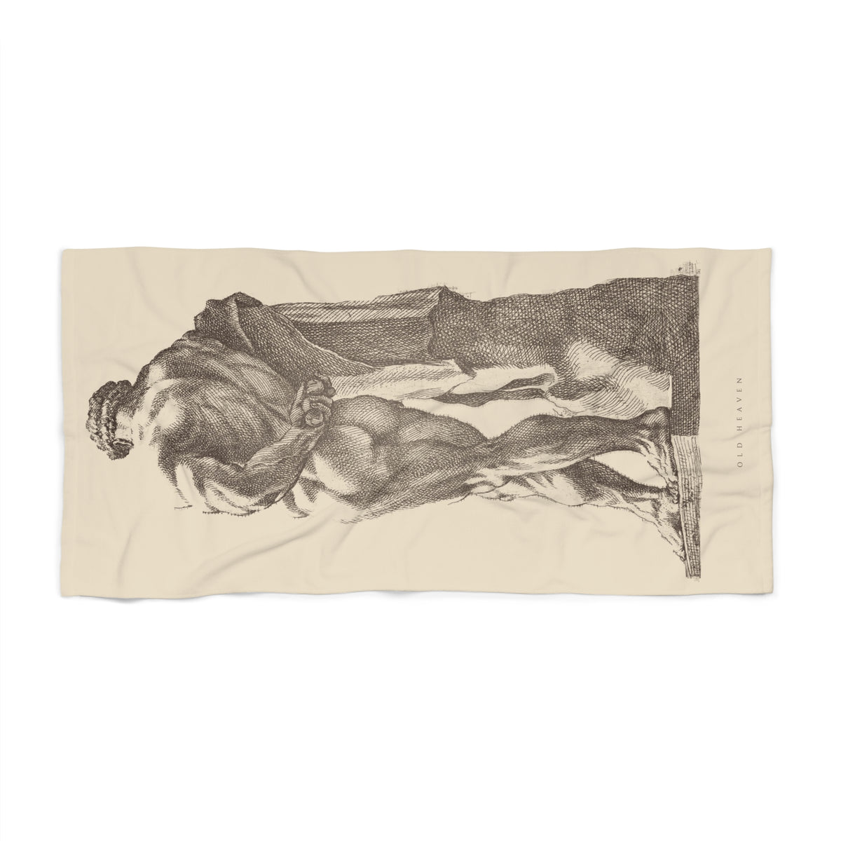 Hercules at Rest oversized art towel laid flat: Perrier’s etched Farnese Hercules seen from behind, in tobacco ink on a warm bone ground, with a small OLD HEAVEN wordmark.