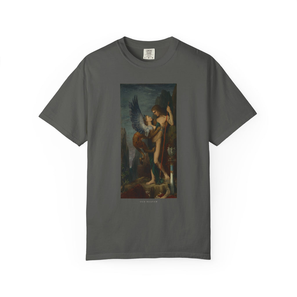 Old Heaven The Riddle tee in Pepper with Gustave Moreau's Oedipus and the Sphinx (1864) printed as a full panel on the front