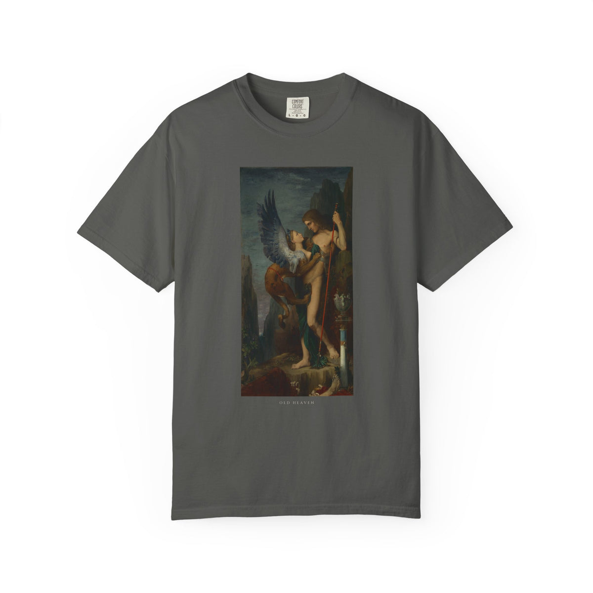 Old Heaven The Riddle tee in Pepper with Gustave Moreau's Oedipus and the Sphinx (1864) printed as a full panel on the front