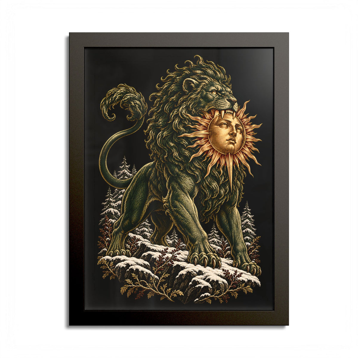 Black-framed print of a muscular green lion standing on snow-covered rocks among winter pines, biting a golden sun with a calm human face, in engraved-style detail on black.