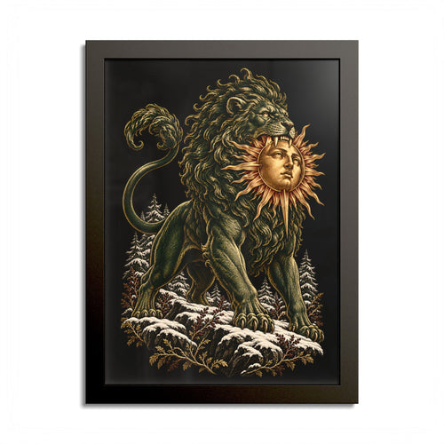 Black-framed print of a muscular green lion standing on snow-covered rocks among winter pines, biting a golden sun with a calm human face, in engraved-style detail on black.