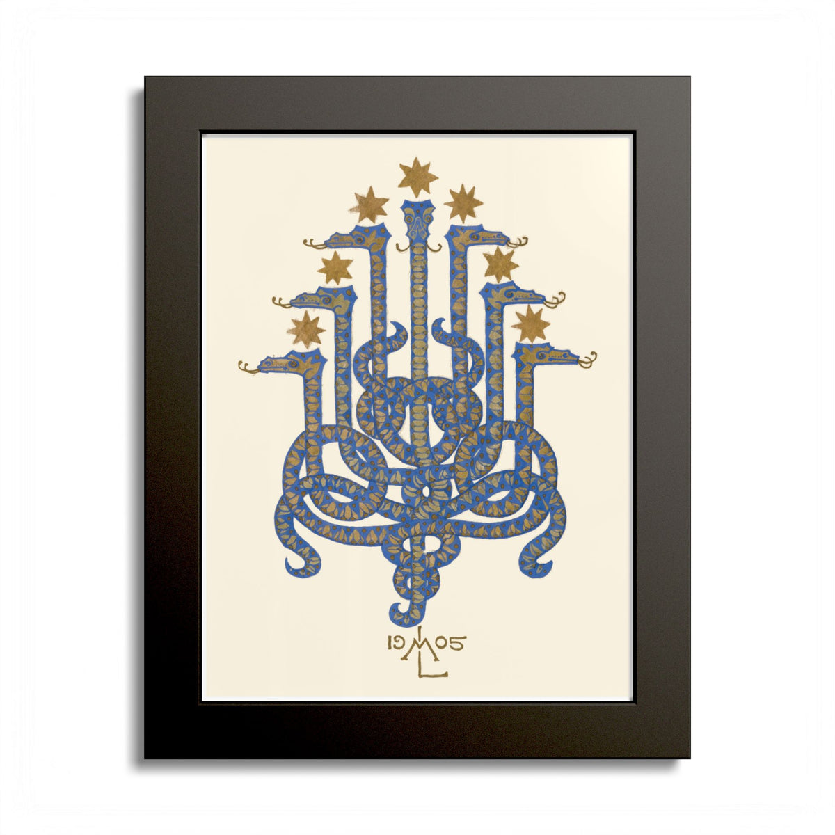 Herodias serpent art print in a black frame: seven cobalt heads and ochre stars on ivory.