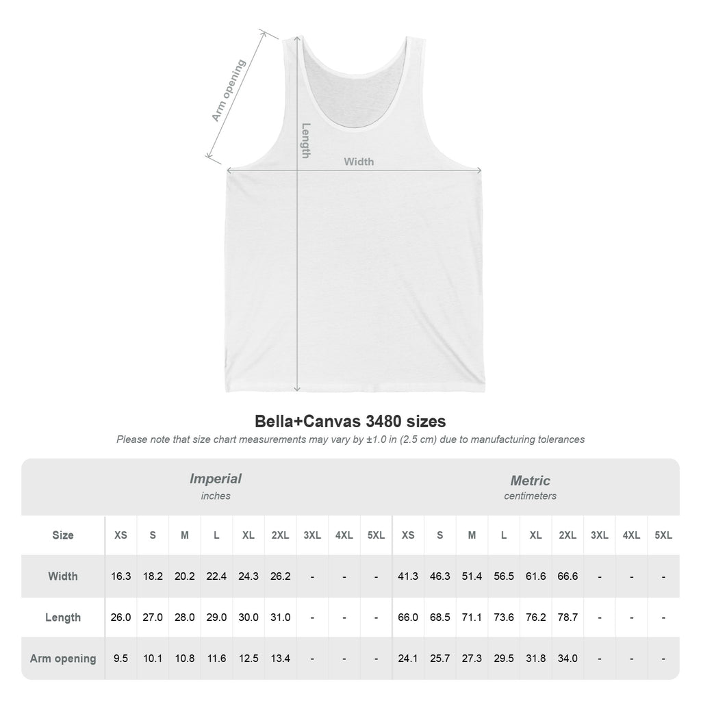 Size chart for the Athletic Heather Athena Vintage tank (Bella+Canvas 3480), width, length and arm opening in inches and centimetres; Old Heaven.