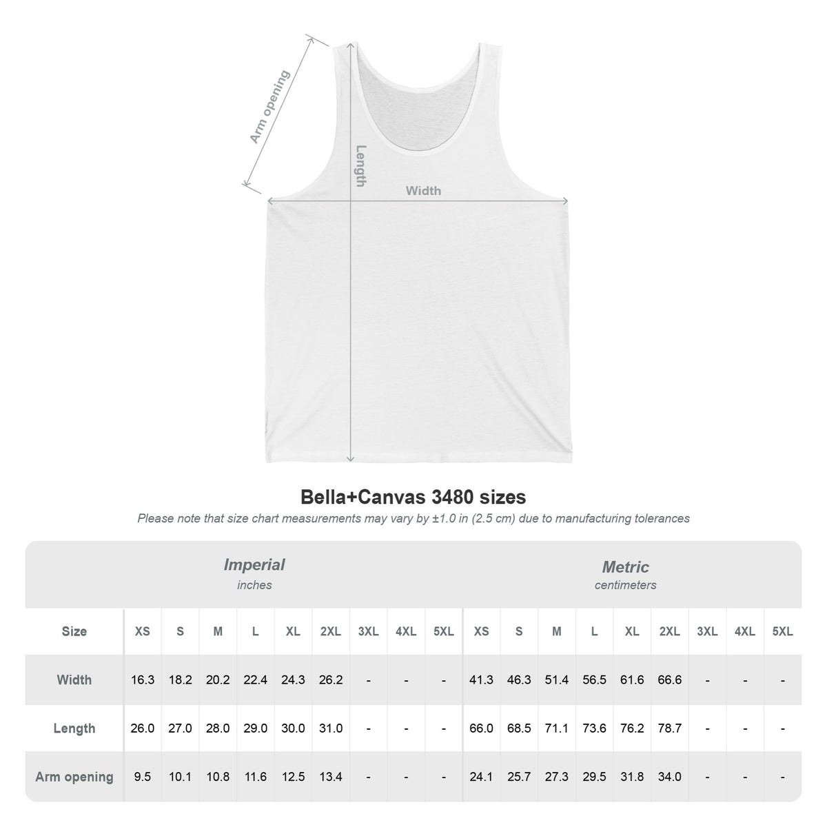Size chart for the Athletic Heather Athena Vintage tank (Bella+Canvas 3480), width, length and arm opening in inches and centimetres; Old Heaven.