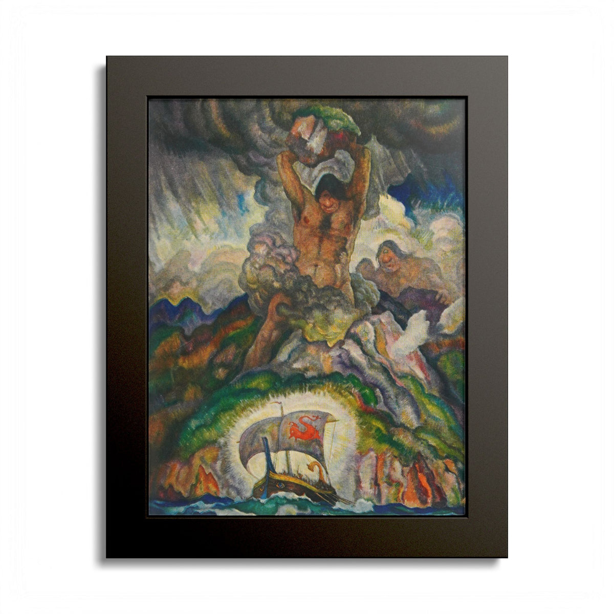 Polyphemus the Cyclops by N. C. Wyeth, 1929, Odyssey illustration as an 8 x 10 in framed print in a black wood frame