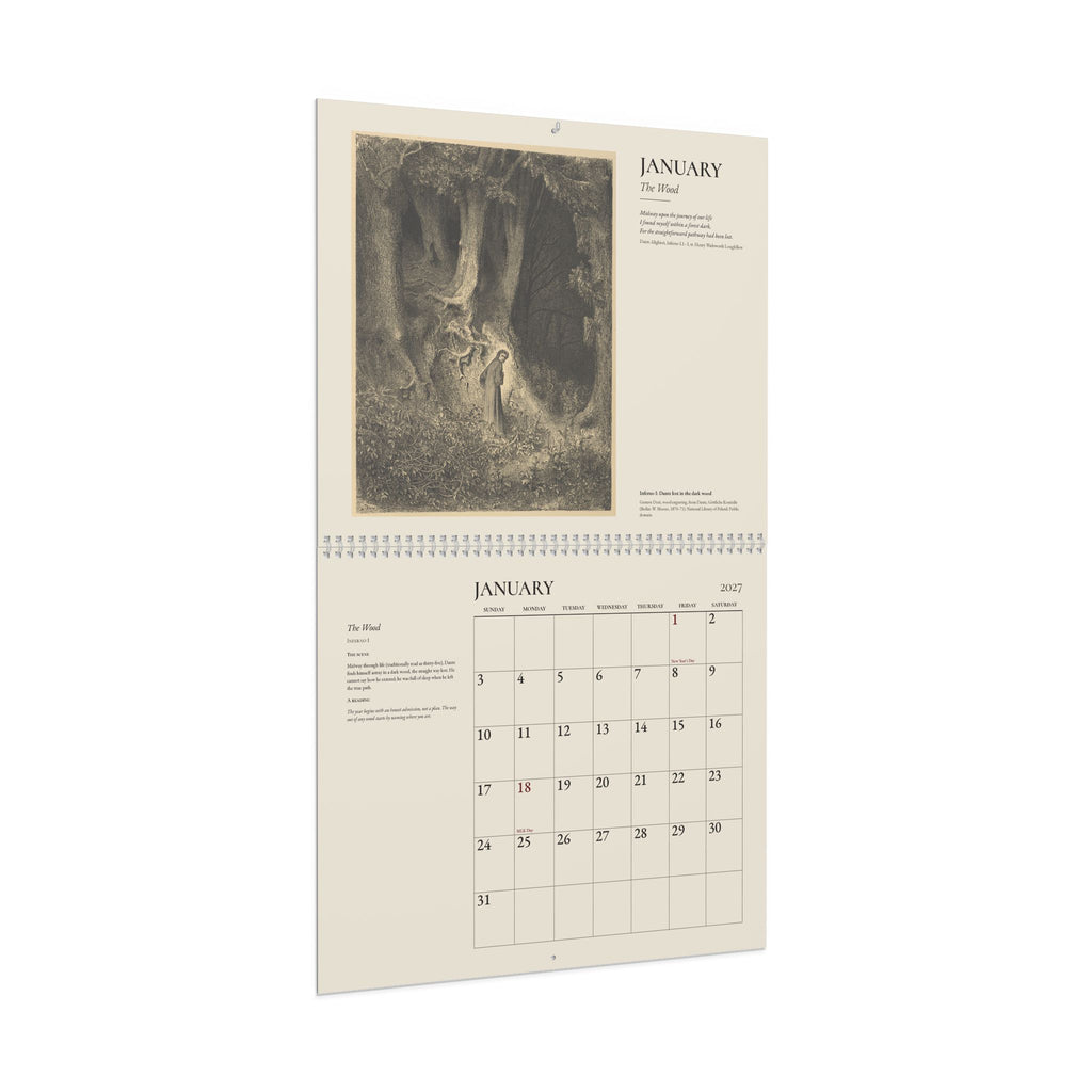 Mockup: the 2027 Doré wall calendar open at January, seen at an angle, on a white background