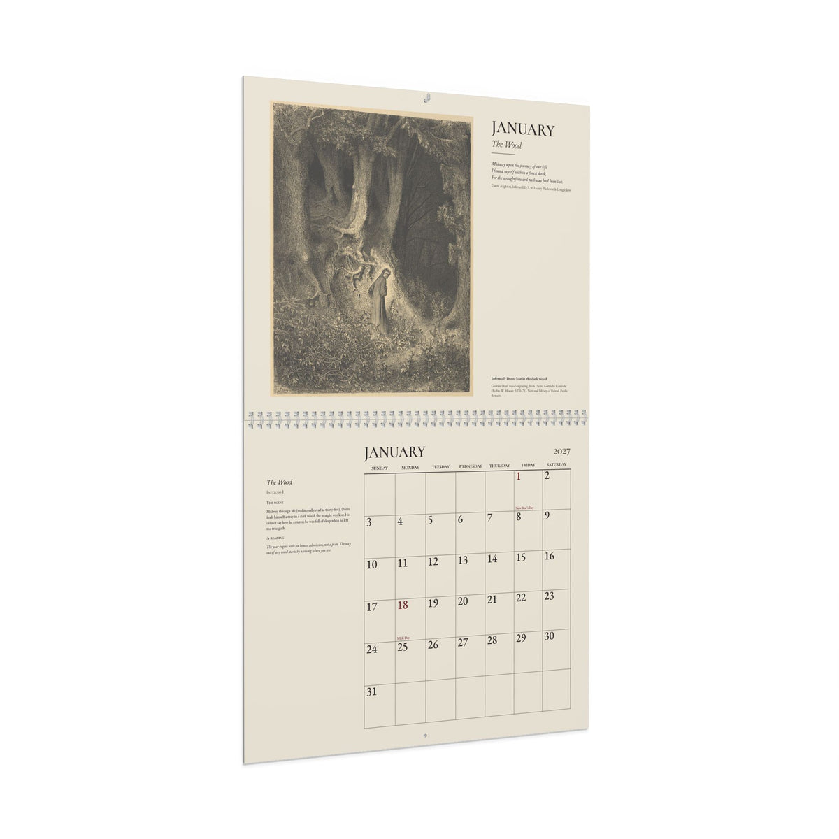 Mockup: the 2027 Doré wall calendar open at January, seen at an angle, on a white background