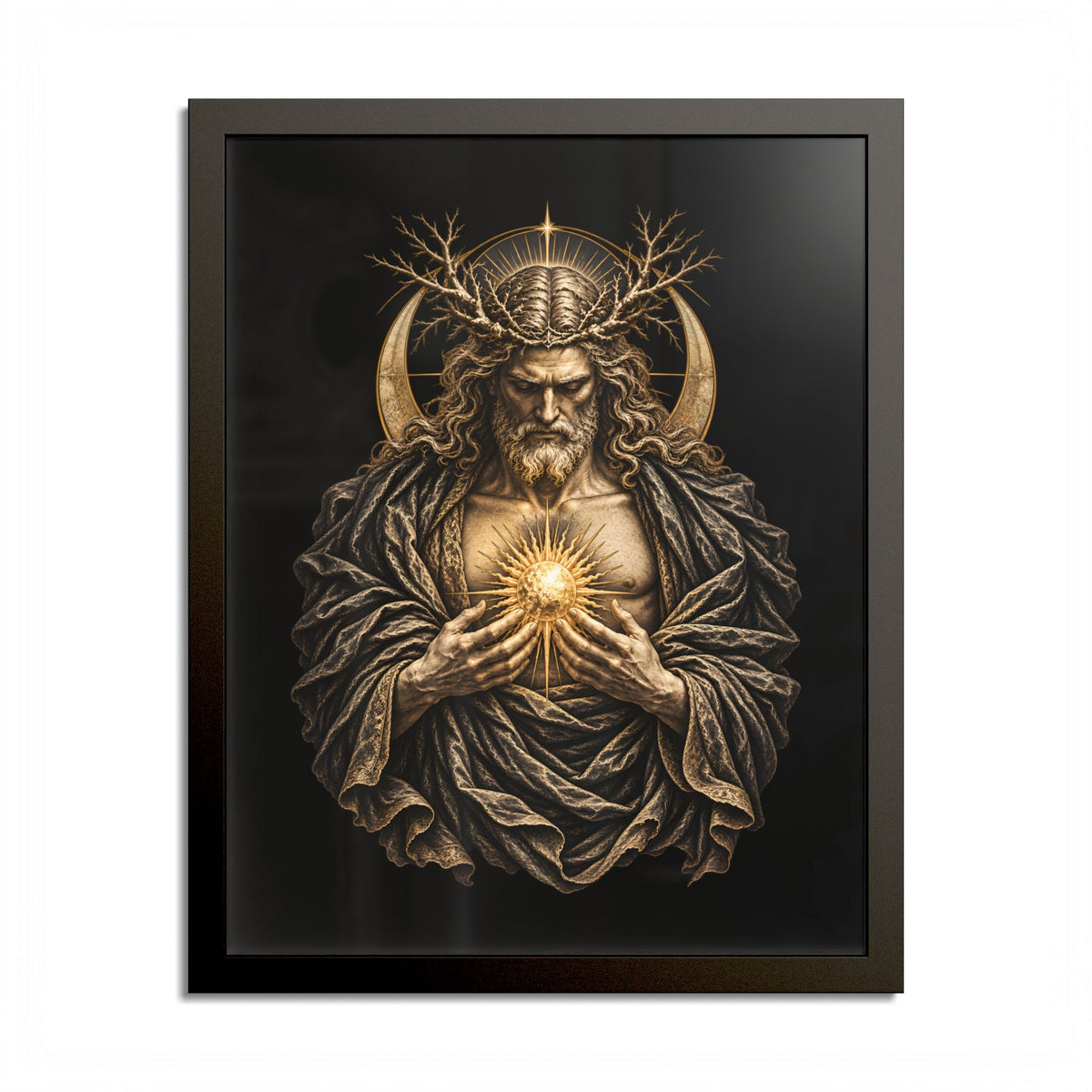 Black-framed print of a bearded, long-haired man crowned with bare branches before a gold crescent halo, head bowed, holding a radiant golden sun to his chest, wrapped in a heavy dark mantle, on black.